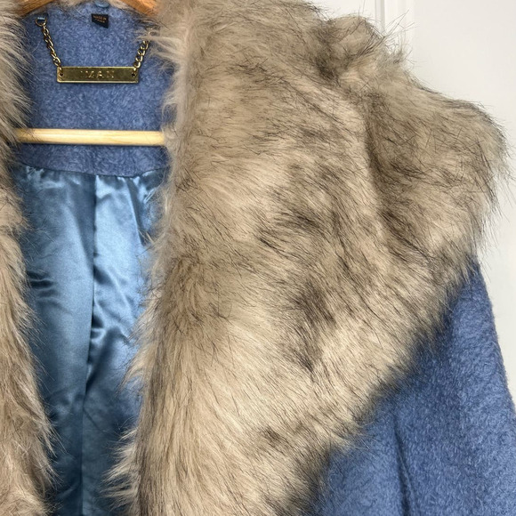 EUC IMAN M Blue PLATINUM CITY Boucle Wool  Faux Fur REMOVABLE COLLAR Trench - Picture 5 of 7